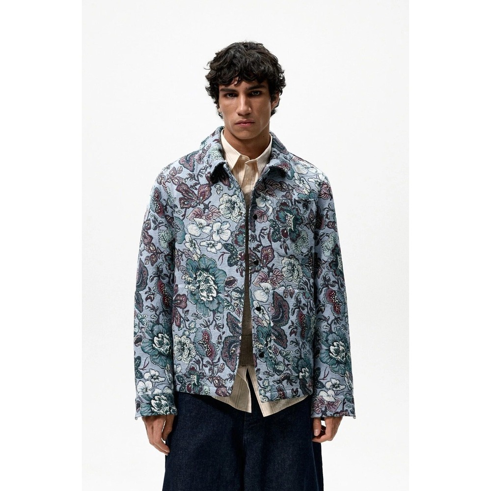Zara Mens Blue Floral Tapestry Snap Button Jacket Chore Coat Large Maximalist
